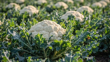 Obraz premium Fresh cauliflower plants with full heads under soft sunlight