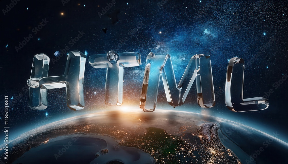 Poster glass letters representing html in cosmic space
