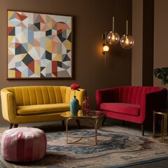 Retro modern living room, vibrant color palette, yellow sofa, red couch, teal wall, framed abstract artwork, gold pendant lights, velvet upholstery, geometric coffee table, pink ottoman poufs, dark te