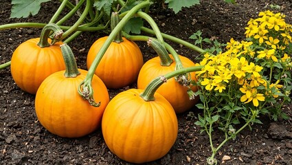 Freshly harvested golden squash on vines vibrant yellow flowers blooming on rich dark soil