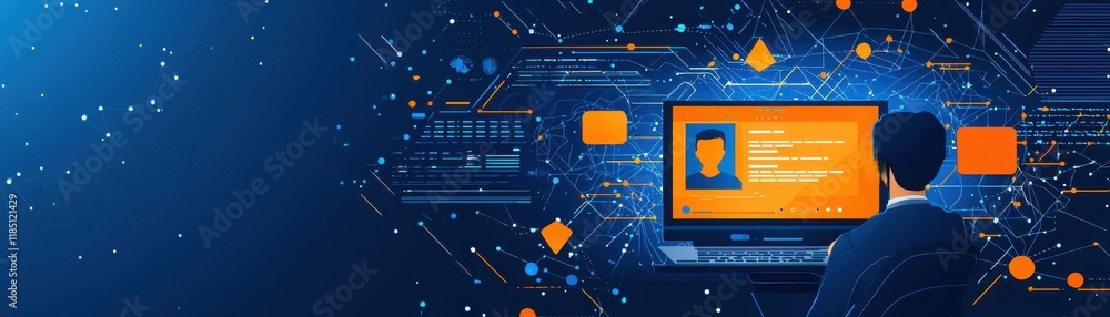 Poster person using laptop with abstract digital interface and data visualization in blue and orange tones 
