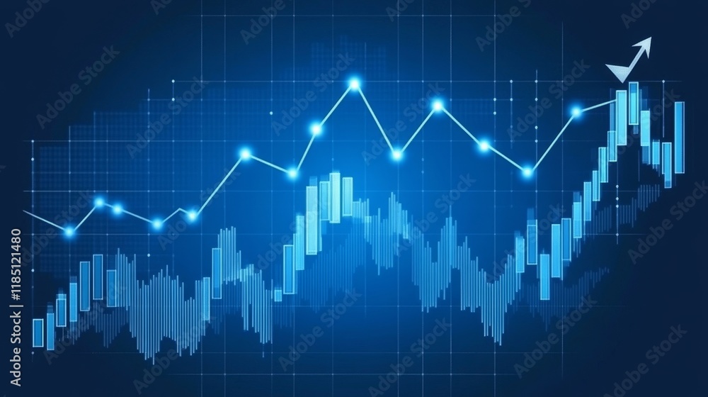 Poster abstract blue graphical visualization of financial market trends with dynamic growth indicators and 