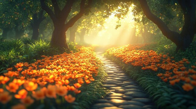 Sunlit Pathway Through a Field of Orange Tulips