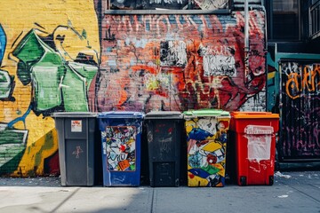 Fototapeta premium vibrant colorful creative depiction of trash and recycling bins in NYC, with a mix of graffiti and street art elements