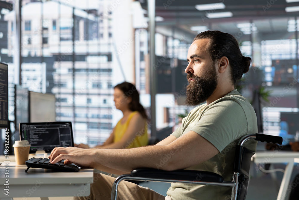 Poster admin with disability in inclusive workspace utilizing cloud computing resources and platforms to tr