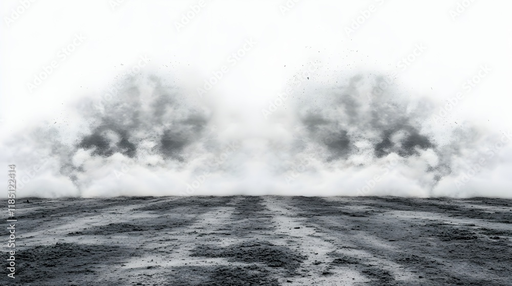Poster abstract landscape with dark soil and billowing smoke clouds emanating from the ground, creating a m
