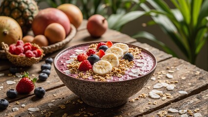 Fresh aai smoothie bowl topped with granola and assorted fruits on a wooden table surrounded by tropical fruits in a bohemian setting