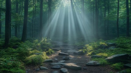 Obraz premium Sunbeams filtering through a lush green forest, illuminating a tranquil path