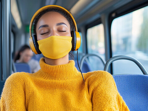 Woman relaxes on public transport while listening to music