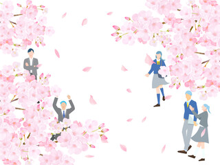 上から見た桜と学生男女ー全身ー卒業入学ー桜舞い散る背景ベクターイラスト素材