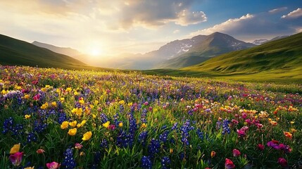 Obraz premium Vibrant meadow filled with colorful wildflowers under soft sunlight at sunset