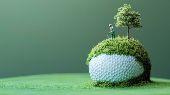Miniature Golfer on Mossy Golf Ball, Green Background