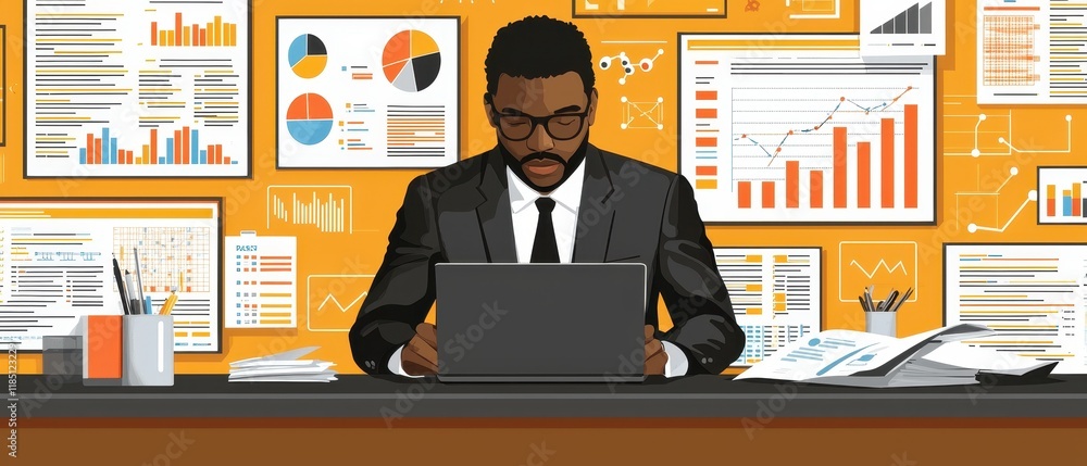 Poster professional man in suit analyzing data on laptop with vibrant charts and graphs in background