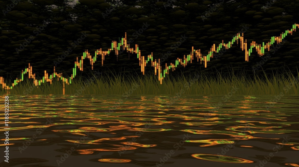 Poster abstract representation of financial trading data displayed through vibrant candlestick chart agains