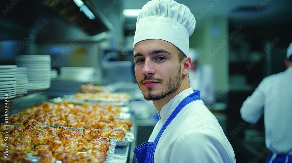 Poster a man in a chef's hat stands in front of a table full of food. he is smiling and he is enjoying his 