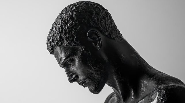 Pensive Black Marble Greek Statue Bust, Close-Up