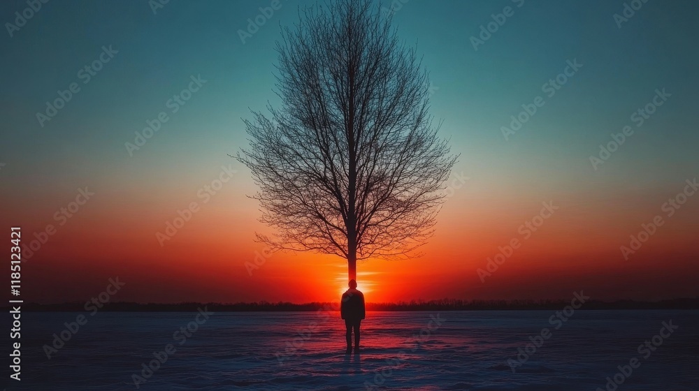 Poster a man stands in front of a tree with a sunset in the background. the scene is serene and peaceful, w