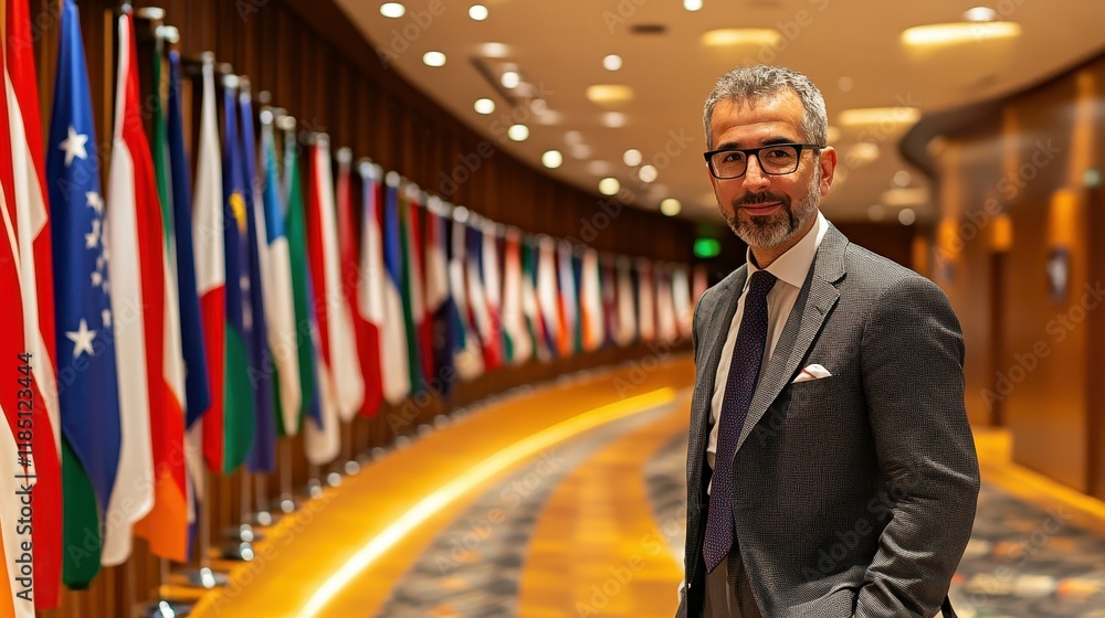 Poster a man stands in front of a wall of flags. he is wearing a suit and tie. the flags are of different c