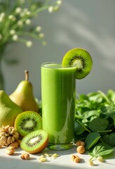 Healthy eating, vegan, alkaline and vegetarian concepts. Green smoothie with celery, kiwi and spinach.