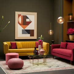 Retro modern living room, vibrant color palette, yellow sofa, red couch, teal wall, framed abstract artwork, gold pendant lights, velvet upholstery, geometric coffee table, pink ottoman poufs, dark te