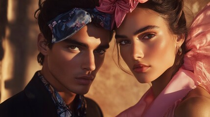 Obraz premium Close-up Portrait of Young Couple, Romantic, Warm Golden Hour Light, Fashionable Accessories