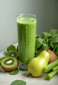 Healthy eating, vegan, alkaline and vegetarian concepts. Green smoothie with celery, kiwi and spinach.