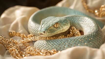 Obraz premium Green Snake Coiled on Golden Jewelry - Luxurious Still Life