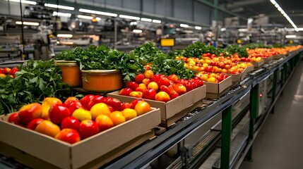 Freshly harvested tomatoes and greens lined up in a modern facility showcasing a vibrant array of produce ready for packaging and distribution