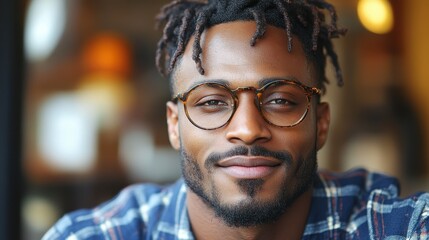 A man with glasses and a beard is smiling. He is wearing a plaid shirt. Concept of warmth and friendliness