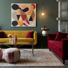 Retro modern living room, vibrant color palette, yellow sofa, red couch, teal wall, framed abstract artwork, gold pendant lights, velvet upholstery, geometric coffee table, pink ottoman poufs, dark te