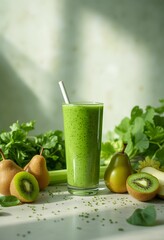 Healthy eating, vegan, alkaline and vegetarian concepts. Green smoothie with celery, kiwi and spinach.