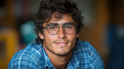 Obraz premium A man with glasses is smiling and wearing a blue plaid shirt. He looks happy and confident