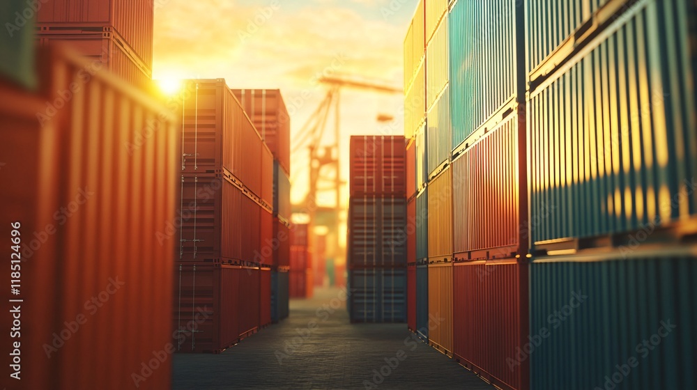 Poster cargo containers stacked high at sunset in a busy port awaiting shipment