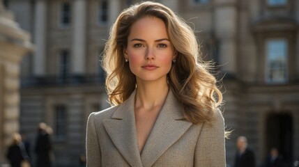 Fototapeta premium A woman in a gold jacket stands in front of a building. She has long hair and is wearing earrings