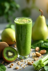 Healthy eating, vegan, alkaline and vegetarian concepts. Green smoothie with celery, kiwi and spinach.