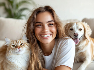 Fototapeta na wymiar Smiling woman enjoys time with her pets at home