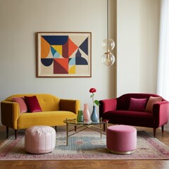 Retro modern living room, vibrant color palette, yellow sofa, red couch, teal wall, framed abstract artwork, gold pendant lights, velvet upholstery, geometric coffee table, pink ottoman poufs, dark te