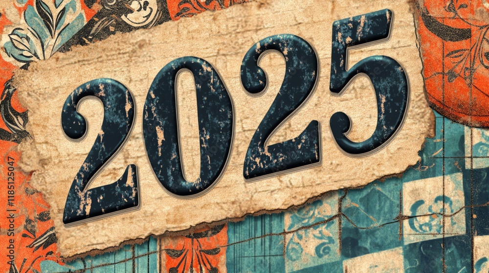 Poster a decorative representation of the year 2025, featuring textured numbers and vibrant patterns.