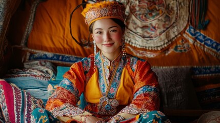 Fototapeta premium Smiling Mongolian Woman in Traditional Dress, Ger Interior