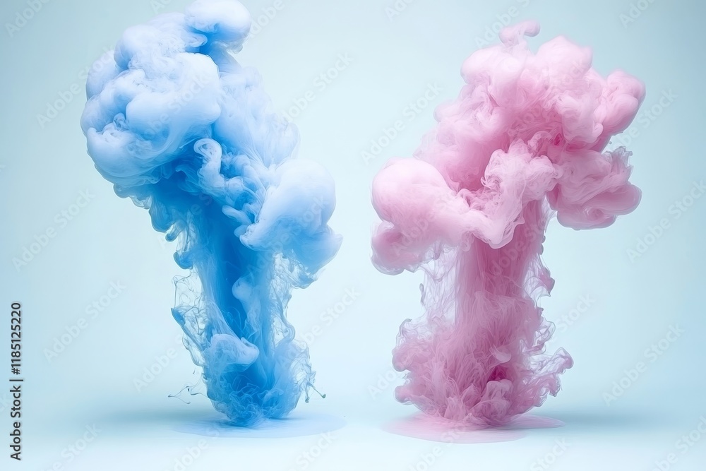 Poster artistic smoke swirls in blue and pink colors on light background creating dynamic visual contrast a