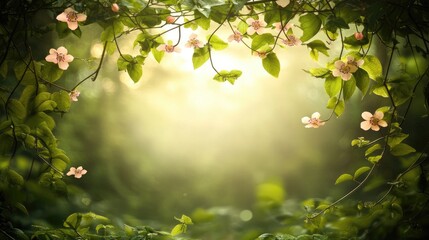 Obraz premium A serene forest scene with soft light and blooming flowers.