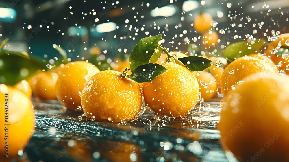 Poster fresh oranges splashing with water droplets, creating a vibrant and juicy scene in a modern setting 
