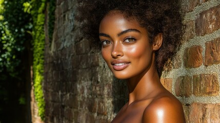 Fototapeta premium A woman with a beautiful face is standing in front of a brick wall. She is smiling and looking at the camera