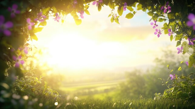 Un cadre de verdure luxuriante et de fleurs violettes encadre une douce lumi&egrave;re dor&eacute;e du soleil.