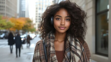 A woman with a headband and headphones on a city street. She is smiling and looking at the camera