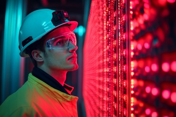 Young Engineer Examines Bright LED Display in Industrial Setting During Evening Hours With Focused Expression