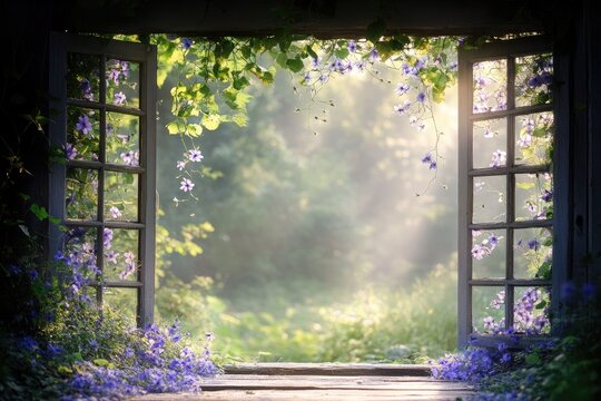 Une fen&ecirc;tre ouverte sur un jardin luxuriant baign&eacute; de lumi&egrave;re douce et de fleurs bleues &eacute;panouies.