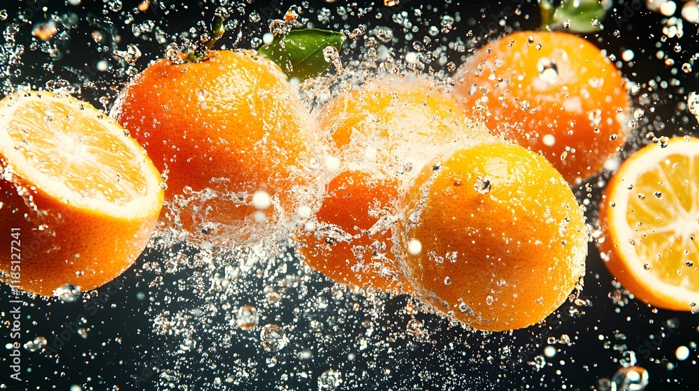 Poster fresh oranges splashing in water with droplets captured in high-speed photography for a refreshing a