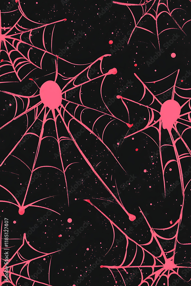 Poster a dark background with pink spider webs, creating a spooky, artistic pattern.