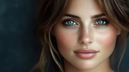 Obraz premium A woman with blue eyes and a light brown hair is wearing a light pink lipstick. She has a light pink blush on her cheeks